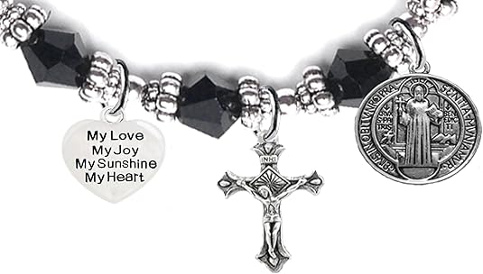 Saint Benedict Protective Charm, My Love, My Joy, My Sunshine, My Heart, and Prayer, Protect Me from Harm, from Evil, Hypoallergenic Black Crystal Bracelet, Nickel, Lead, Cadmium Free