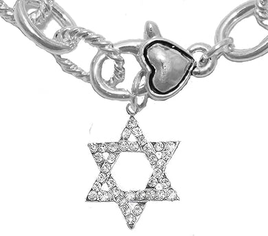 Jewish Star of David, Genuine Crystal, Sculptured Cable Chain Lobster Heart Clasp Bracelet Hypoallergenic, Safe-Nickel, Lead, and Cadmium Free