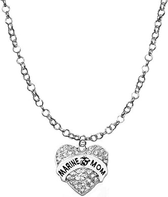 Marine Mom, Adjustable 14-21 Inch Rolo Chain Crystal Heart Necklace, Nickel, Lead, And Cadmium Free-Hypoallergenic