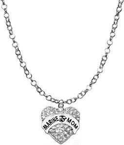 Marine Mom, Adjustable 14-21 Inch Rolo Chain Crystal Heart Necklace, Nickel, Lead, And Cadmium Free-Hypoallergenic