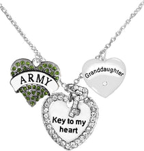 Army Granddaughter, Genuine Crystal, Key to My Heart & Olivine Green Army Heart, Adjustable Hypoallergenic, Safe-Nickel, Lead, Cadmium Free