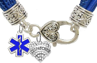 Dispatcher, Genuine Crystal Heart, EMT Symbol, On A Blue Leather Hypoallergenic Bracelet, Nickel, Lead, And Poisonous Cadmium Free