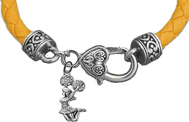 Cheer Crystal Jumping Cheerleader, Genuine Gold Leather, Antique Vintage Silver Cheerleader Bracelet, Hypoallergenic, Contains No Nickel, Lead, Or Poisonous Cadmium