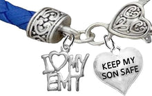 I Love My EMT, Keep My Son Safe Heart, On A Blue Leather Hypoallergenic Bracelet, Nickel, Lead, And Poisonous Cadmium Free