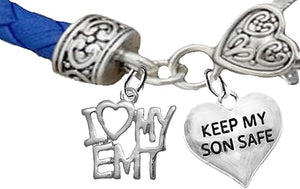 I Love My EMT, Keep My Son Safe Heart, On A Blue Leather Hypoallergenic Bracelet, Nickel, Lead, And Poisonous Cadmium Free