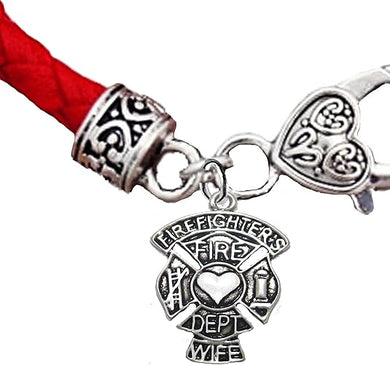 Firefighter's Wife, On A Red Woven Leather Hypoallergenic Bracelet, Nickel, Lead, And Poisonous Cadmium Free