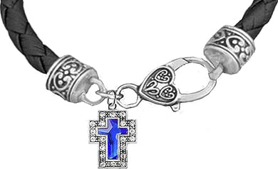Blue Genuine Crystal Cross, On A Genuine Black Leather Bracelet, Hypoallergenic, Safe-No Nickel, Lead, Or Poisonous Cadmium In Bracelet