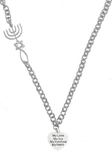 My Love, My Joy, My Sunshine, My Heart, Messianic Seal of Jerusalem, Adjustable Necklace with Menorah, Star of David, Christian Fish, Hypoallergenic, Safe-Nickel, Lead, Cadmium Free
