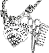 Hair Dresser Crystal Heart, Comb & Scissors Necklace, Hypoallergenic Safe-Nickel Free, No Poisonous Lead, or Cadmium