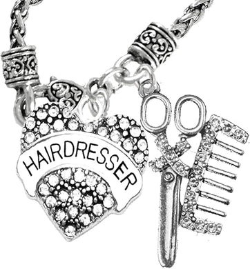 Hair Dresser Crystal Heart, Comb & Scissors Necklace, Hypoallergenic Safe-Nickel Free, No Poisonous Lead, or Cadmium