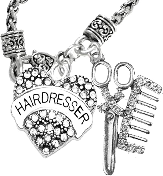 Hair Dresser Crystal Heart, Comb & Scissors Necklace, Hypoallergenic Safe-Nickel Free, No Poisonous Lead, or Cadmium