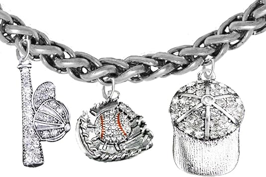 Baseball, Glove, Genuine Crystal. Bat, Caps Bracelet, Hypoallergenic, Safe-Nickel & Lead, Free