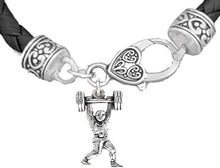 Weightlifters Barbell Lunge Pose On A Black Woven Leather Bracelet, Hypoallergenic - Nickel, Lead, And Poisonous Cadmium Free