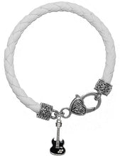 Black Guitar On Genuine White Leather Bracelet, Hypoallergenic Safe-Nickel, Lead And Cadmium Free