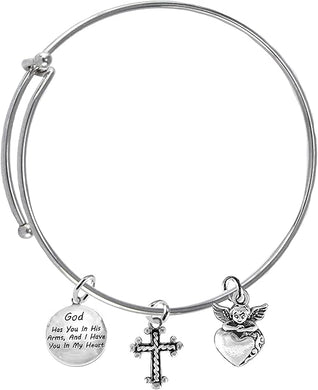 God Has You In His Arms, And I Have You In My Heart, Christian Cross, Beautiful Angel, Hypoallergenic Adjustable Miracle Wire Bracelet. Nickel, Lead, And Cadmium Free
