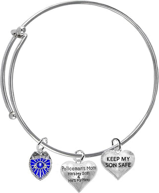Police Badge, Policemen's Mom, He's My Son And He's My Hero, Keep My Son Safe, Adjustable, Miracle Wire Bracelet, Hypoallergenic Safe-Nickel, Lead And Cadmium Free