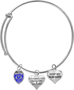 Police Badge, Policemen's Mom, He's My Son And He's My Hero, Keep My Son Safe, Adjustable, Miracle Wire Bracelet, Hypoallergenic Safe-Nickel, Lead And Cadmium Free