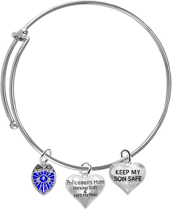 Police Badge, Policemen's Mom, He's My Son And He's My Hero, Keep My Son Safe, Adjustable, Miracle Wire Bracelet, Hypoallergenic Safe-Nickel, Lead And Cadmium Free