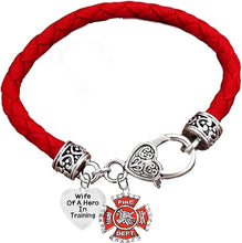 Firefighter, Wife Of A Hero In Training, Fire Department Charm, On Genuine Red Leather Bracelet, Hypoallergenic Safe-Nickel, Lead And Cadmium Free