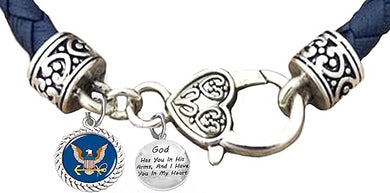 Navy, God Has You In His Arms, And I Have You In My Heart, Navy Leather Bracelet, US Navy Bracelet, Navy Jewelry, Hypoallergenic-Safe, No Nickel, Lead, Or Poisonous Cadmium In Bracelet