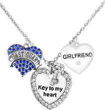 Coast Guard Girlfriend, Key to My Heart, Crystal Girlfriend Heart Charm Necklace, Adjustable, Hypoallergenic, Safe- Nickel, Lead, and Cadmium Free