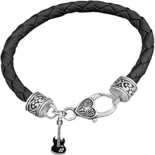 Black Guitar On Genuine Black Leather Bracelet, Hypoallergenic Safe-Nickel, Lead And Cadmium Free