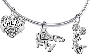 Cheer Crystal Heart, Crystal I Love To Fly, Jumping Cheerleader, Hypoallergenic, Adjustable, Add-A-Charm Yourself, Removable Ball, Silvertone Charm Bracelet, Nickel, Lead, And Cadmium Free