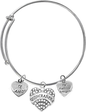 Quinceañera, Te Amo, Familia, Fe, Amigos, On A Adjustable Miracle Wire Bracelet, Hypoallergenic, Safe-No Nickel, No Lead And No Poisonous Cadmium In Metal
