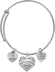 Quinceañera, Te Amo, Familia, Fe, Amigos, On A Adjustable Miracle Wire Bracelet, Hypoallergenic, Safe-No Nickel, No Lead And No Poisonous Cadmium In Metal