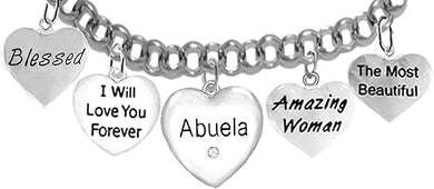 Grandma, Abuela, Blessed, I Will Love You Forever,Genuine Abuela Crystal Heart, Amazing Woman, The Most Beautiful, Adjustable, Hypoallergenic Safe- No Nickel. Lead, Or Poisonous Cadmium