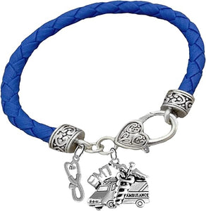 EMT Stethescope, EMT Abulance, On A Blue Leather Bracelet, Hypoallergenic- Nickel, Lead, and Poisonous Cadmium Free