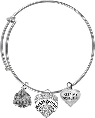 Marine, Marine Mom Crystal Charm, Keep My Son Safe Adjustable Miracle Wire Bracelet, Hypoallergenic, Safe-No Nickel, No Lead and No Poisonous Cadmium