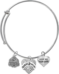 Marine, Marine Mom Crystal Charm, Keep My Son Safe Adjustable Miracle Wire Bracelet, Hypoallergenic, Safe-No Nickel, No Lead and No Poisonous Cadmium