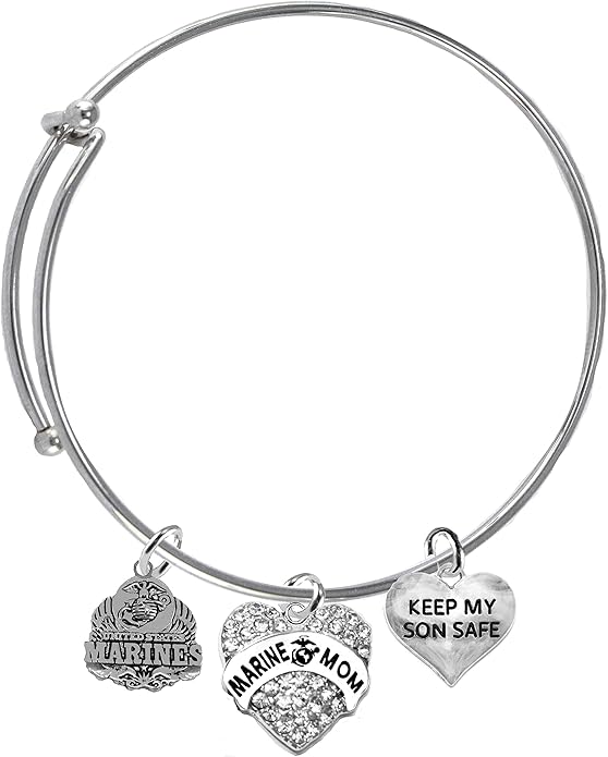 Marine, Marine Mom Crystal Charm, Keep My Son Safe Adjustable Miracle Wire Bracelet, Hypoallergenic, Safe-No Nickel, No Lead and No Poisonous Cadmium
