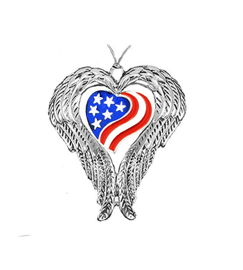 American Flag In The Shape Of A Heart On A Silvertone Angel Wings Christmas Ornament, What A Wonderful Gift For Yourself Or Someone Special,Comes In A Black Velvet Bag,Made In The USA By Veterans