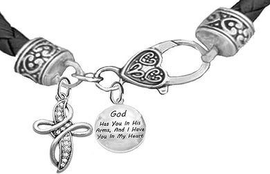 God Has You in His Arms, and I Have You in My Heart, Genuine Crystal Cross, On A Genuine Black Leather Bracelet, Hypoallergenic, Safe-No Nickel, Lead, Or Poisonous Cadmium in Bracelet