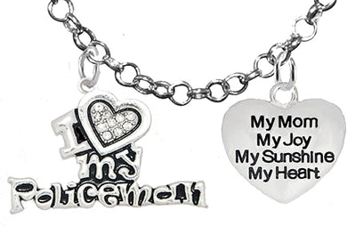 Policeman's, I Love My Policeman, My Mom, My Joy, My Sunshine, Adjustable Rolo Chain Necklace, Hypoallergenic, Safe-Nickel, Lead, Free