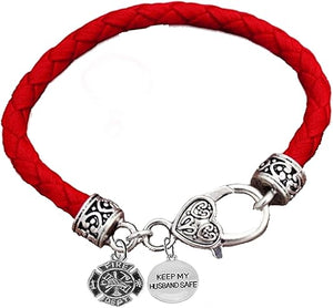 Firefighter, Fire Department, Keep My Husband Safe,On A Red Woven Leather Hypoallergenic Bracelet, Nickel, Lead, And Poisonous Cadmium Free