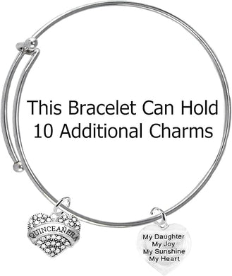 Quinceanera Genuine Crystal Heart, My Daughter, My Joy, My Sunshine, My Heart, Hypoallergenic Adjustable Miracle Wire Bracelet, Safe-Nickel, Lead & Cadmium Free!