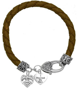 Deputy Sheriff's Wife, I Married My Hero, On A Genuine Brown Leather Bracelet, Hypoallergenic Safe-Nickel, Lead And Cadmium Free