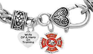 EMT, Firefighter,Wife Of A Hero In Training, Fire Department Charm, On A Antique Wheat Chain Bracelet, Hypoallergenic Safe-Nickel, Lead And Cadmium Free