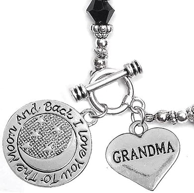 Grandma, I Love You to The Moon and Back Jet Crystal Charm Bracelet, Hypoallergenic, Safe, Nickel, Lead & Cadmium Free.