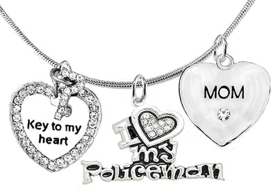 Policeman's, I Love My Policeman, Mom, Key to My Heart, Adjustable, Hypoallergenic, Safe-Nickel, Lead, Free