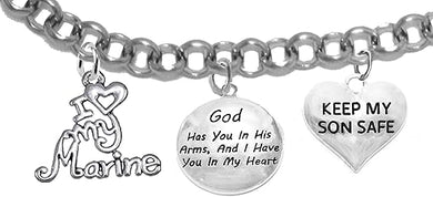 Marine Mom, My Son, God Has You In His Arms And I Have You In My Heart, Adjustable, Hypoallergenic-Safe, No Nickel, Lead, Or Poisonous Cadmium In Bracelet