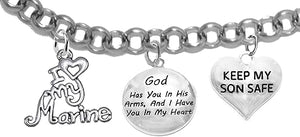 Marine Mom, My Son, God Has You In His Arms And I Have You In My Heart, Adjustable, Hypoallergenic-Safe, No Nickel, Lead, Or Poisonous Cadmium In Bracelet