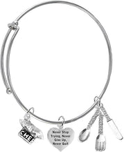 Cooking Jewelry, Never Give Up, Never Stop Trying, Chef Hat, Silverware, Adjustable Bracelet, Hypoallergenic, Safe-Nickel, Lead, Cadmium Free