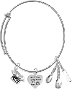 Cooking Jewelry, Never Give Up, Never Stop Trying, Chef Hat, Silverware, Adjustable Bracelet, Hypoallergenic, Safe-Nickel, Lead, Cadmium Free