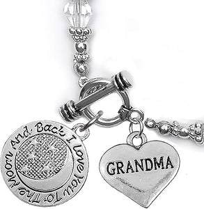 Grandma, I Love You to The Moon and Back Clear Crystal Charm Bracelet, Hypoallergenic, Safe, Nickel, Lead & Cadmium Free.