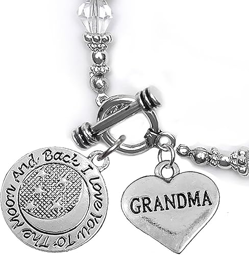 Grandma, I Love You to The Moon and Back Clear Crystal Charm Bracelet, Hypoallergenic, Safe, Nickel, Lead & Cadmium Free.