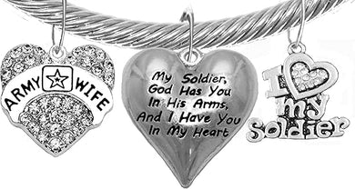 Army, My Soldier, God Has You in His Arms and I Have You in My Heart, Adjustable Bracelet, Hypoallergenic Safe, No Nickel, Lead, Or Poisonous Cadmium.
